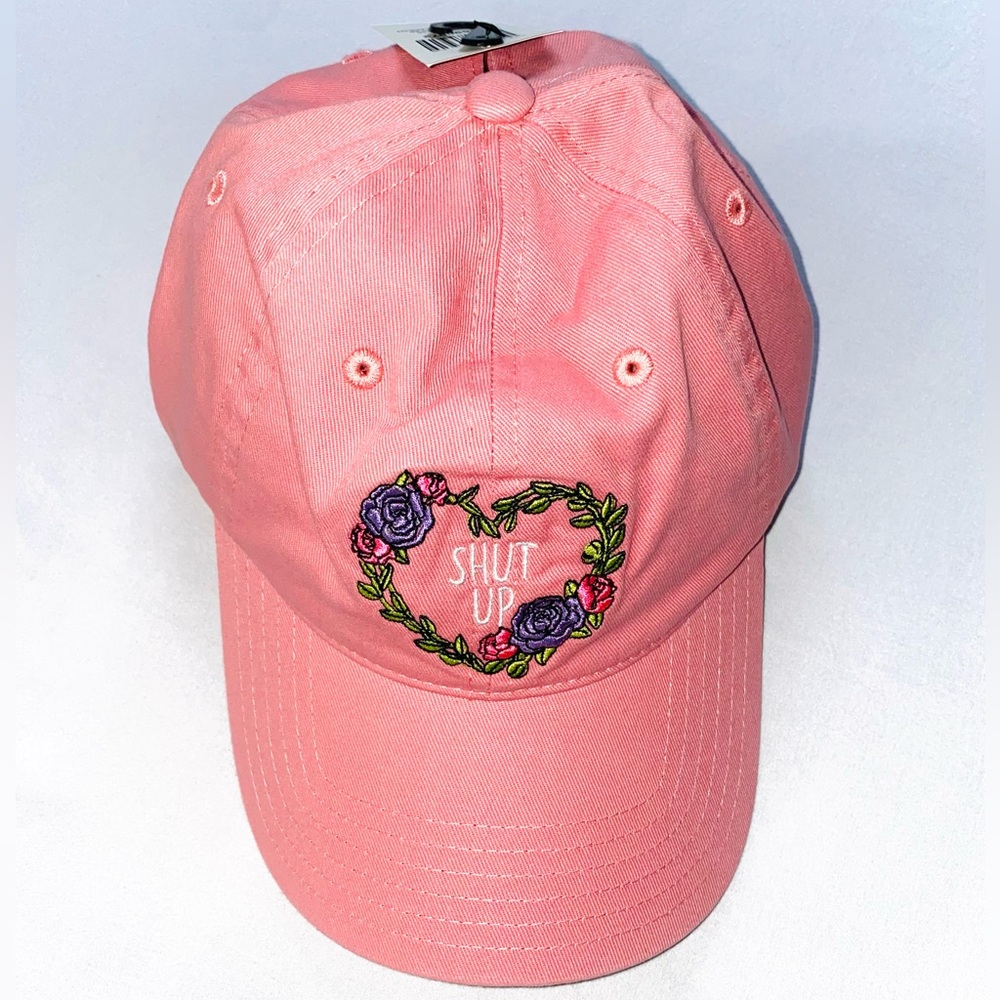 “Shut Up” Pink Canvas Adjustable Hat. Women’s Cute Floral Heart Baseball Cap